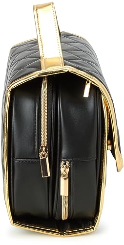 Black Faux Quilted Leather Makeup Bag with Gold Trim - Travel Toiletry Organizer