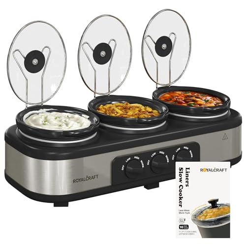 Sunvivi Silver Triple 1.5QT Slow Cooker Buffet Server with 10 Liners & Lid Rests