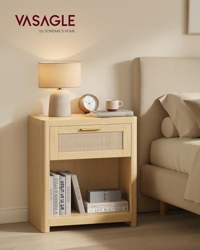 VASAGLE Boho Nightstands Set of 2 with Rattan Look Drawer - Oak Beige, 15"D x 18.9"W x 23.6"H