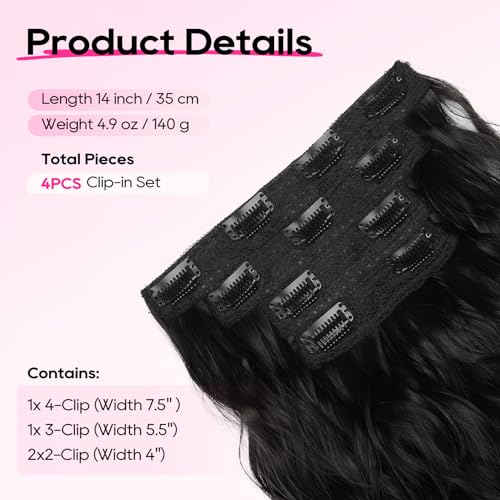 Clip in Hair Extensions 14 Inches Short Wavy Natural Hairpieces Black Brown - 4 Pack