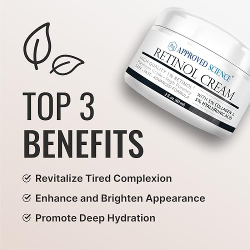 Approved Science Retinol Cream with 1% Retinol, 5% Collagen, and 5% Hyaluronic Acid - Revitalize, Brighten, Firm, and Plump Skin - 2 fl. oz. (60 ml)