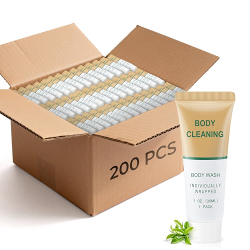 Mini Travel Body Wash, Individually Wrapped Travel Size Bulk Shower Gel Set, Trial Sample Small Single Use Men Women Toiletries Amenities for Hotel/Camping/Vacation/Homeless 1 Fl Oz (Pack of 200)