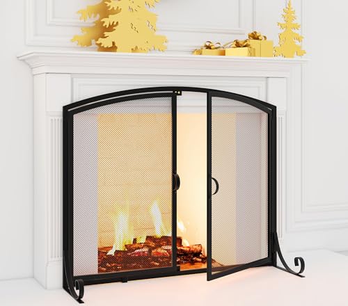 Large Fireplace Screen with Double Doors - Heavy Duty Steel, Black, Childproof, 37.8"W x 30.7"H