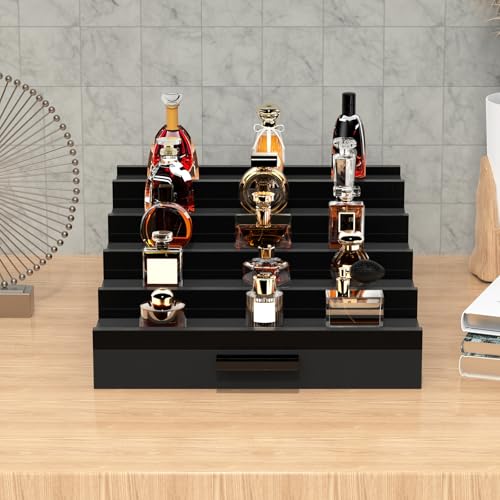Wooden Cologne Organizer for Men 5 Tier of Perfume Display Holder of Drawer & 2 Hidden Compartments Larger Storage Space Mens Perfume Organizer Shelf Stand,Gift for Man (5T-Black)