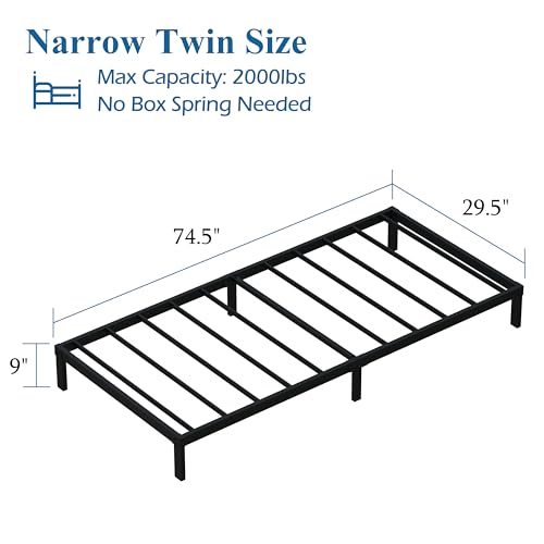 DiaOutro Narrow Twin Bed Frame 9 Inch Low Profile Metal Platform Bed - Black, 30x75