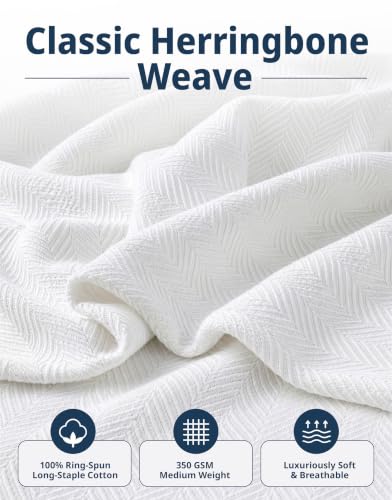 Lane Linen King Size Cotton Blanket - White, Textured Herringbone Weave, 90x108 Inches