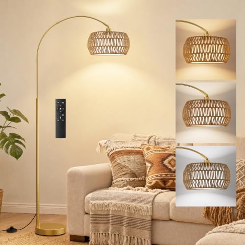 Ambimall Boho Arc Floor Lamp - Gold, Color Temp & Brightness Adjustable, Remote Control, Modern Lighting, Variation: Gold-Bohemian