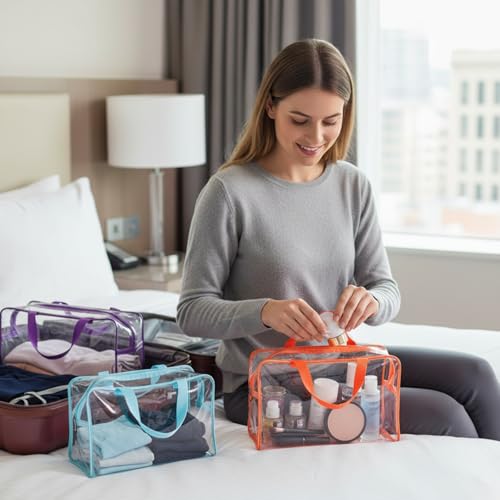 Kacctyen 24 Pcs Large Storage Bags, Reusable PVC Clear Makeup Bag Bulk Waterproof PVC Clear Plastic Toiletry Bag Organizing Cosmetic Clothes Tote Pouch for Travel Women Men(Colorful)