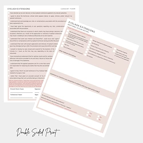 Lash Extension Eyelash Consent, Intake, Aftercare forms with Mapping | 100 Pack | 25 of each Consent, Intake, Aftercare, and Mapping Forms for Lash Artists | 8.5 x 11 inch