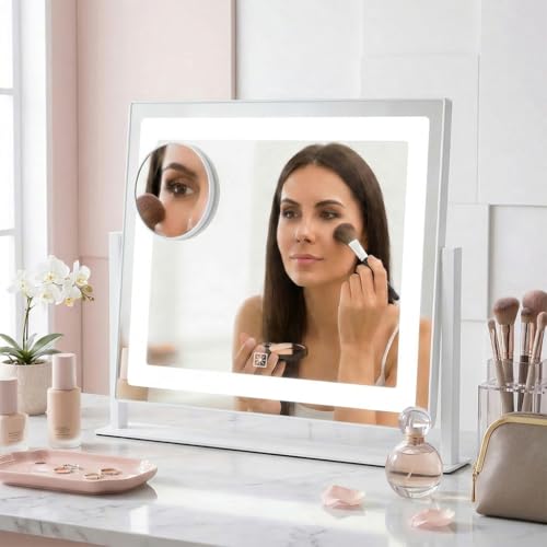 White 12x16 Inch Lighted Vanity Mirror with 360° Rotation - Makeup & Grooming