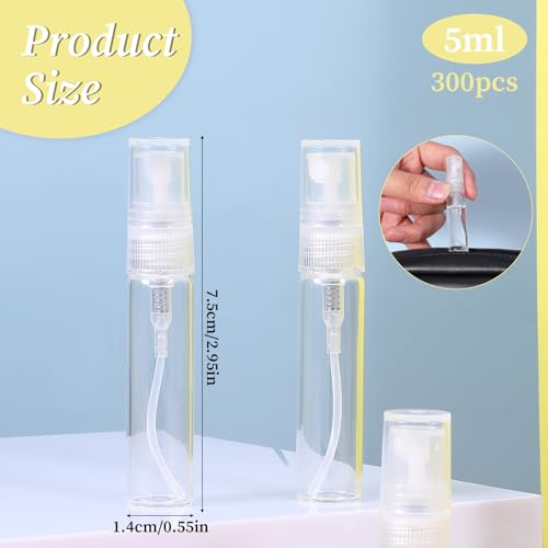 300 Pcs 5ml Mini Spray Bottles Clear Glass Perfume Bottles Refillable Fine Mist Bottle Small Empty Fragrance Sample Spray Containers Travel Portable Bottle for Cleaning, Essential Oils