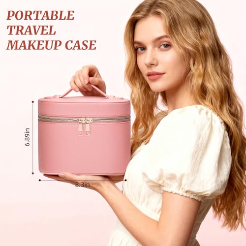 Makeup Case for Women,Travel Make Up Bag Organizer With Compartments and Handle,Portable Cosmetic Bags for Girl,Toiletry Bag for Women - Pink