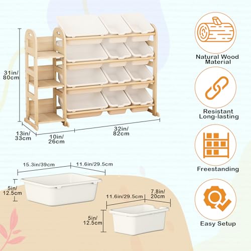 Kids Toy Storage Organizer with 12 Bins and Bookshelf - White, 42" Wide