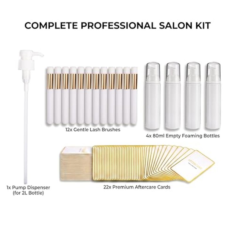 2L Lash Shampoo Bulk Refill Kit, Eyelash Cleanser for Extensions & Safe Makeup Remover, Oil-Free Lash Wash for Sensitive Eyes with 4 Bottles, 12 Brushes & 22 Cards, Salon & Home Use