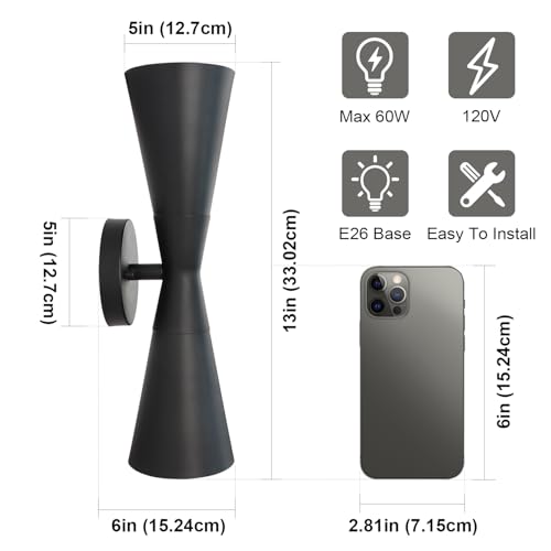Black Wall Sconces Set of 2, 13 Inch Modern Bathroom Wall Light Fixtures