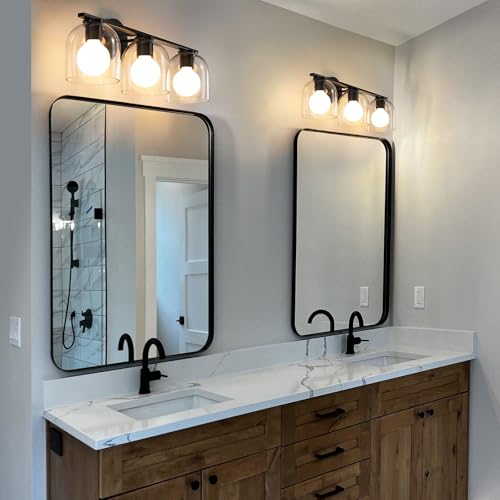 WOSHITU Matte Black Bathroom Vanity Light Fixture - 23.3 Inch 3-Light Over Mirror with Clear Glass Shade