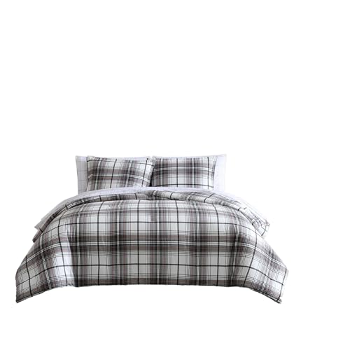 Queen Size Duvet Cover Set with Shams - Grey Red Plaid Reversible Cotton