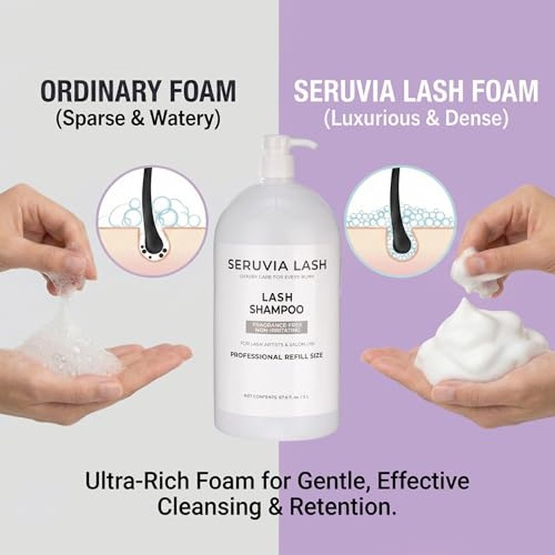 2L Lash Shampoo Bulk Refill Kit, Eyelash Cleanser for Extensions & Safe Makeup Remover, Oil-Free Lash Wash for Sensitive Eyes with 4 Bottles, 12 Brushes & 22 Cards, Salon & Home Use
