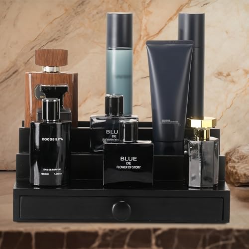 Black Wooden Cologne Organizer for Men - 3 Tier Wooden Perfume Display Stand with Drawer and Hidden Compartment for Organizing and Storing, Cologne Holder Shelf for Dresser
