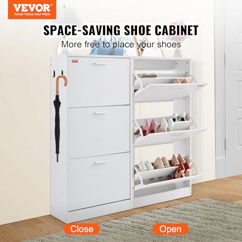 Wooden Shoe Cabinet with 3 Flip Drawers and Side Hooks, 9.33”D x 23.62”W x 47.24”H Entryway Storage Solution