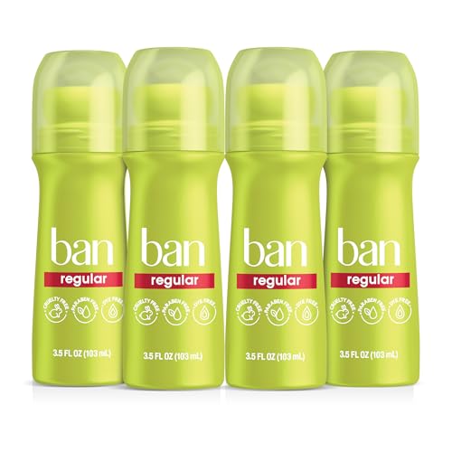 Ban Invisible Roll-On Antiperspirant Deodorant 3.5 oz Pack of 4 - Regular Scent, Clear Formula, 24-Hour Protection