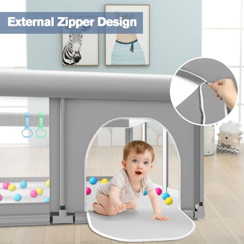 Large Baby Playpen 74x50x27 Inches with Soft Mesh, Anti-Slip Base - Grey