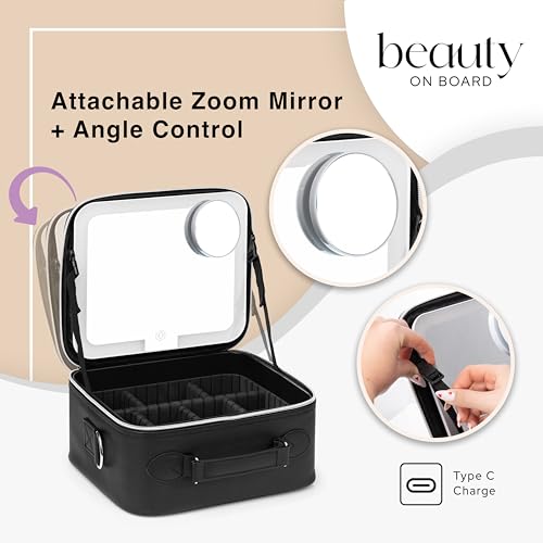 LED Mirror Makeup Bag with PU Leather Travel Organizer - Adjustable Brightness, Dividers & Handle