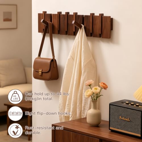 QUELLANCE Wooden Wall Coat Rack with 8 Hooks - Handmade Walnut & Beech Wall Mount Organizer