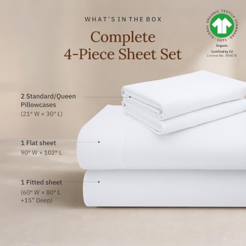 California Design Den Organic Cotton Sateen Queen Bed Sheet Set - White, GOTS Certified
