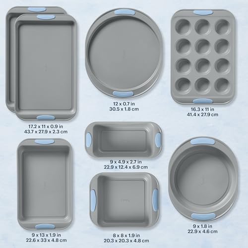 Pyrex 8-Piece Metal Bakeware Set with Silicone Handles - Cerulean, Heatsafe