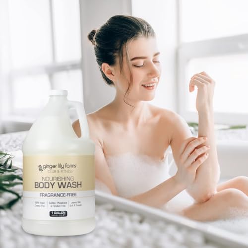 Ginger Lily Farms Club & Fitness Nourishing Body Wash, 100% Vegan & Cruelty-Free, Bath & Shower Gel for Men and Women, Fragrance Free, 1 Gallon (Pack of 4)