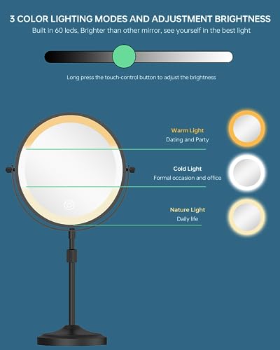 Erlingeryi 9-Inch Lighted Makeup Mirror with 1X/10X Magnification - Black, 10x Variant Included