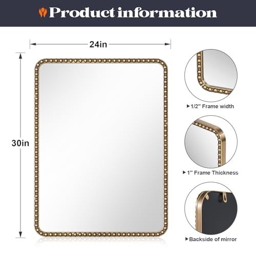 Gold 24x30 Beaded Frame Bathroom Mirror - Vintage Brass Vanity with Tempered Glass - Variation: 30L x 24W