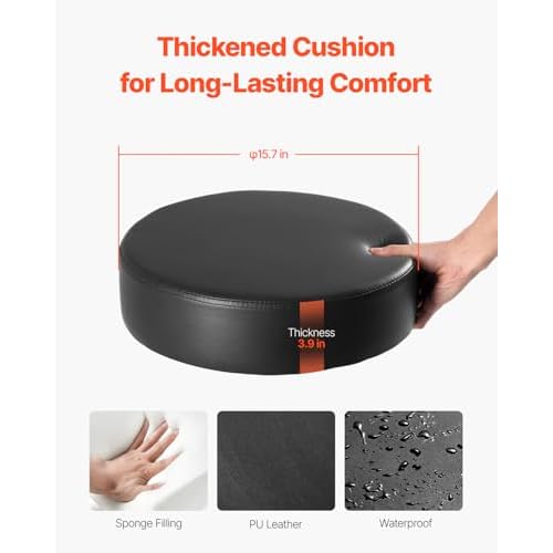 VEVOR Rolling Stool with Foot Rest and Wheels, 450 LBS Weight Capacity Round Rolling Stool Chair, Height Adjustable Thickened PU Leather Swivel Stool for Salon, Spa, Massage, Tattoo, Clinic, Black
