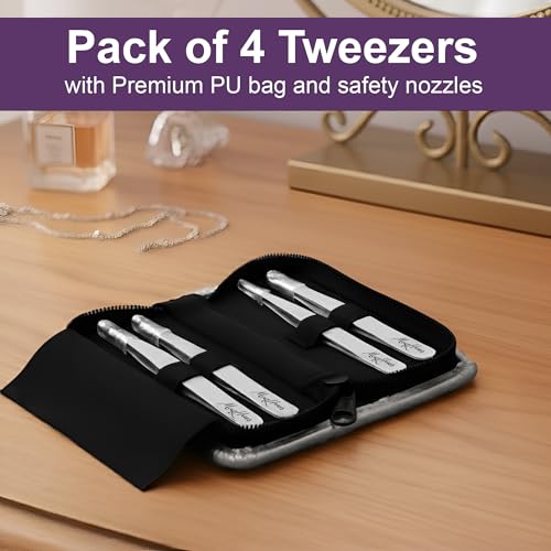 Matte Silver Fiber Tip Tweezers Set for Eyebrow & Facial Hair Removal – Men & Women