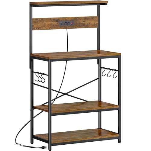 SUPERJARE 31.5 Inch Bakers Rack with Outlets & Microwave Stand, Rustic Brown with Adjustable Middle Shelf