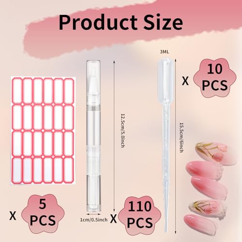 110 Pcs 3 ml Empty Cuticle Oil Pen Transparent Twist Pen Empty Nail Oil Pen with Brush Tip Cosmetic Container Applicator for Homemade Nail Oil, Lip Gloss, Eyelash Growth Liquid, White