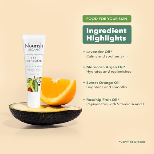 Nourish Organic Eye Treatment, Avocado & Argan ? Renewing & Hydrating Under Eye Brightener with Vitamin C + Washable Cotton Round