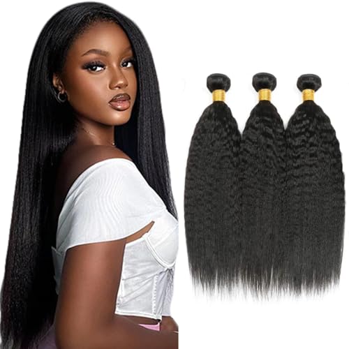 HeumHrn 16-Inch Natural Black Yaki Straight Human Hair Bundles 3-Pack