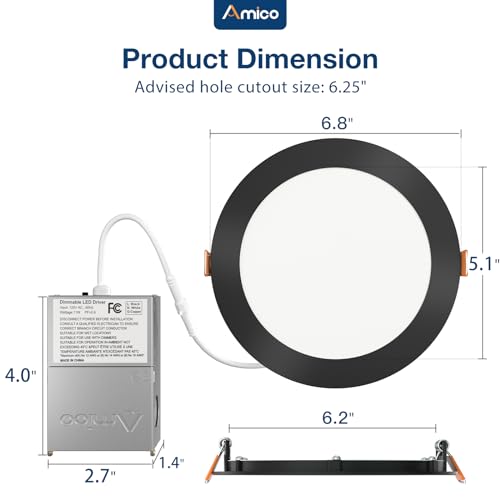 Amico Black 6 Inch LED Recessed Downlight - Canless Wafer Ceiling Light with 5 CCT