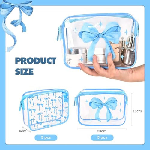 10 Blue Bow Clear Makeup Bags for Girls, TSA Large Capacity Toiletry Bags for Travel Clear PVC Waterproof Pouch with Zipper for Valentine Day Gift, Bridesmaid Wedding Bag, Birthday Party Favor