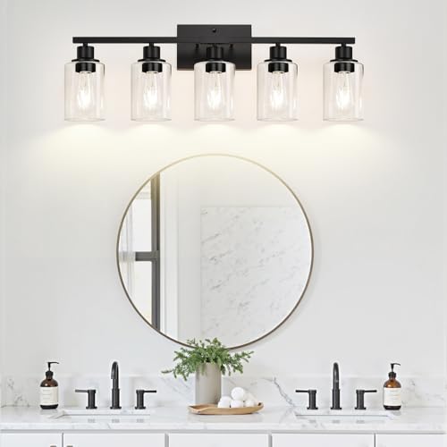 Indoi 5-Light Matte Black Bathroom Vanity Light with Clear Glass Shades – Modern Wall Lamp (Matte Black & Clear Glass)