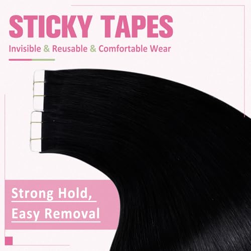 YoungSee 26 Inch Tape-In Human Hair Extensions Black Long Straight Pack of 1 - 20 Pieces