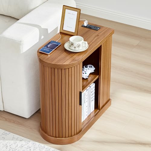 Mid-Century Modern Walnut Narrow End Table with Charging Station - Fluted Design