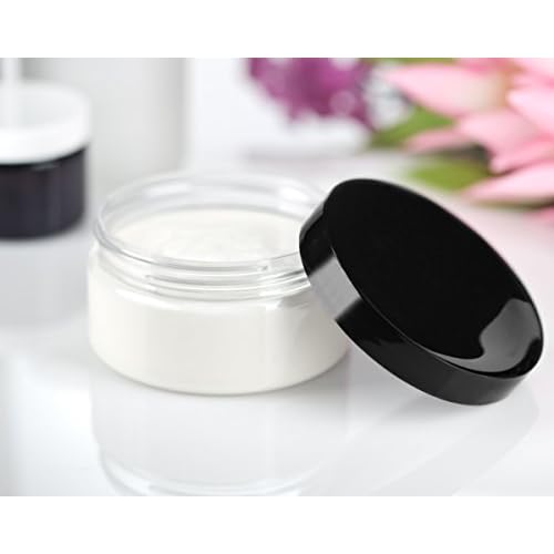 JUVITUS 8 oz Clear Plastic Low Profile Jar with Black Smooth Lids (12 Pack)