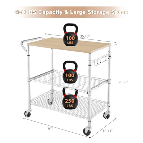3-Tier Rolling Kitchen Cart with Wood Top and Slider Shelf - 35.4"L x 18.1"W x 31.9"H, Metal & Wood, Chrome Finish