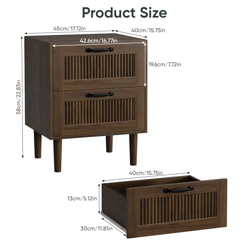 Walnut Fluted Nightstand with 2 Drawers - Mid-Century Modern Bedside Table