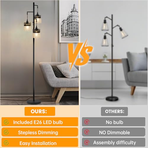 DMBOSS Crystal Floor Lamp - Modern Black Crown Design with Stepless Dimming (Black)