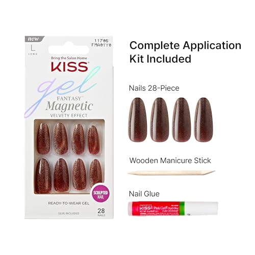 KISS Gel Fantasy 28 Pcs Press On Nails, Long Almond Fake Nails, Brown Magnetic Cat Eye Polish Stick On Extensions, Reusable Velvet Full Cover Kit with Glue, Manicure Stick & File, Wear for 7 Days