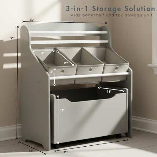 Humble Crew 3-in-1 Kids Bookshelf & Toy Organizer - Grey | Rolling Toy Storage for Toddlers